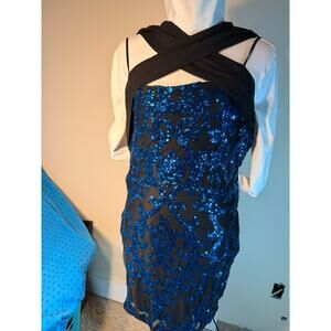 blue sequin over the shoulder wrap dress